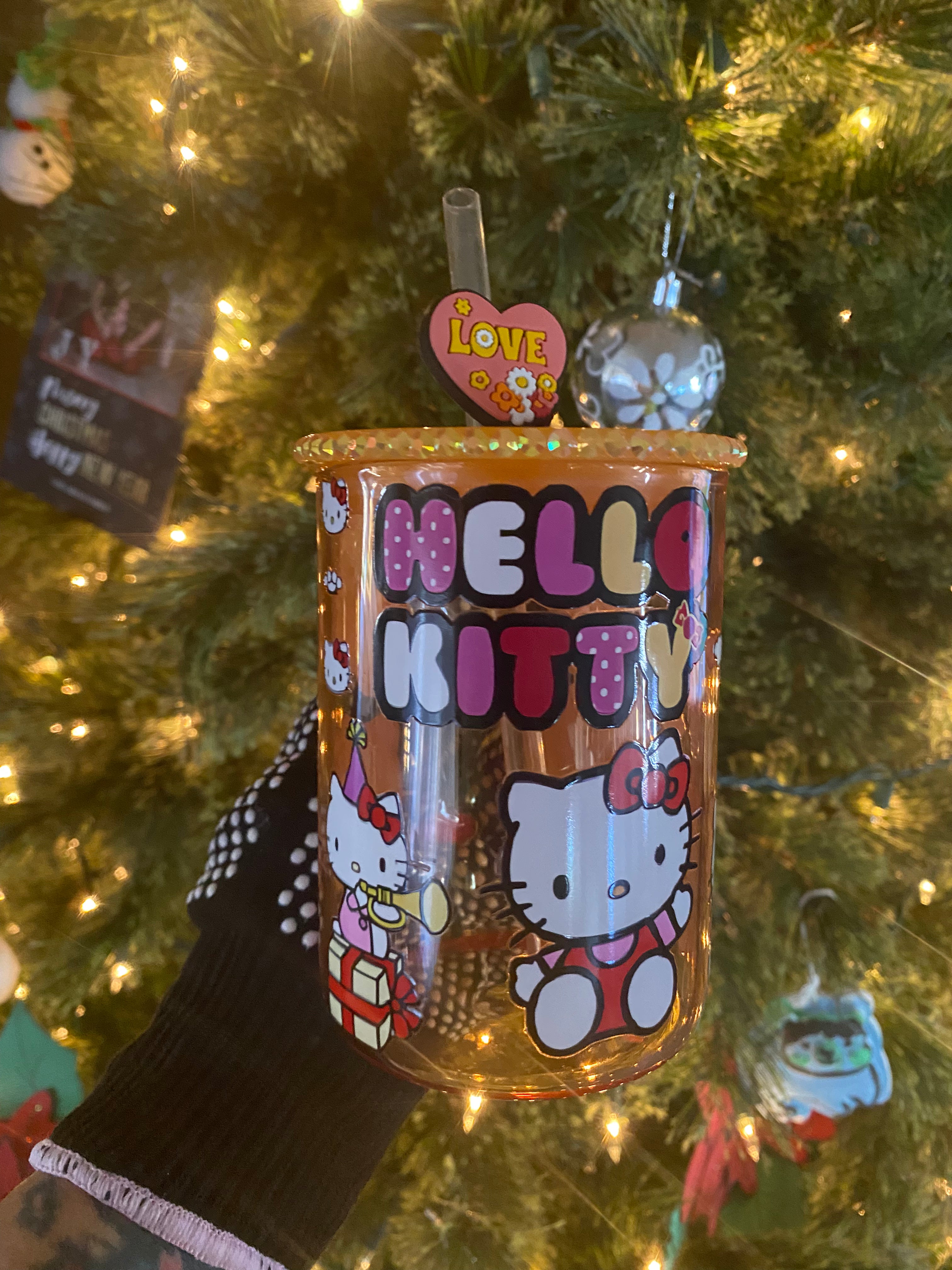 Hello Kitty Mug with Lid and Glass Straw