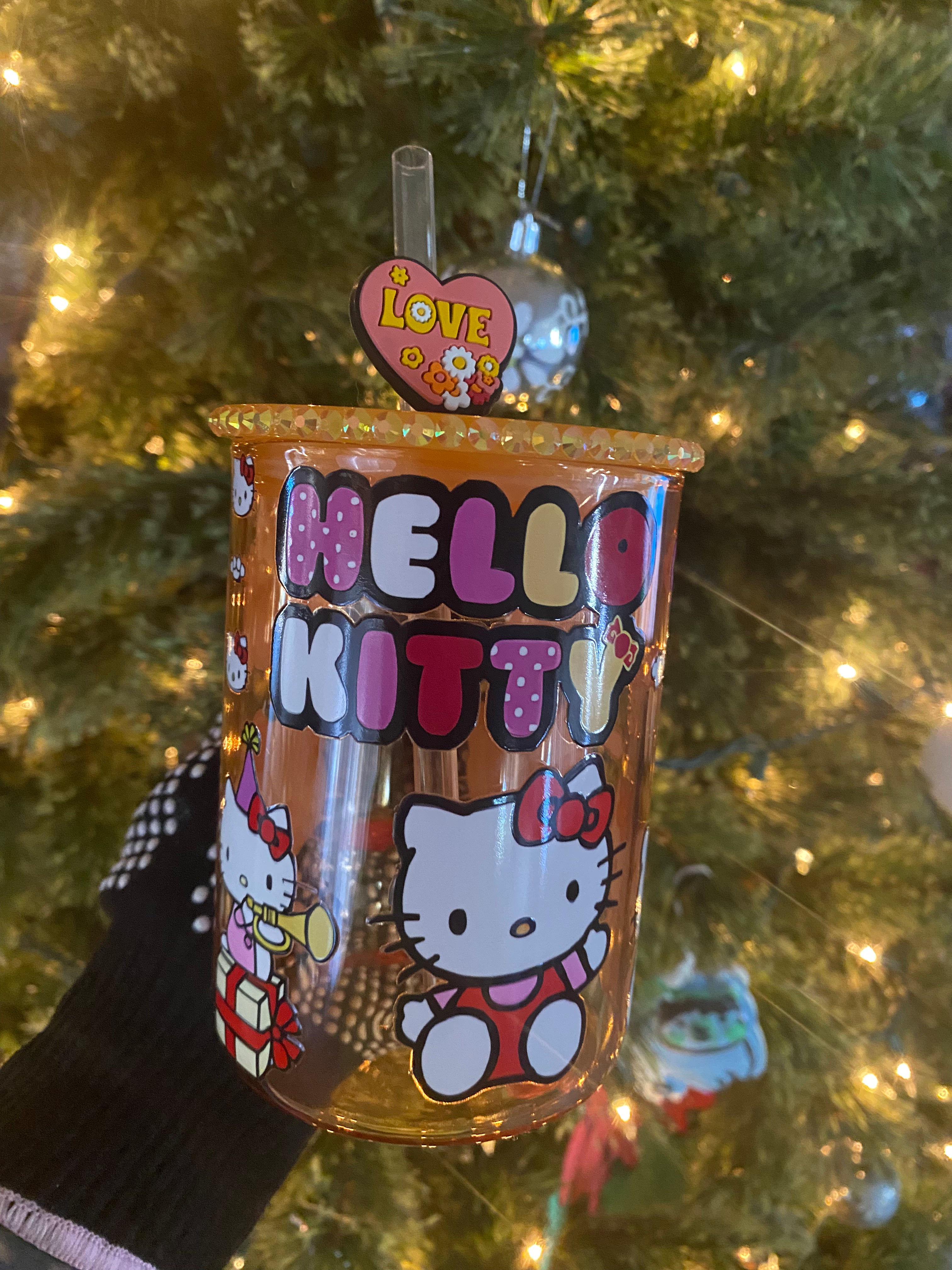 Hello Kitty Mug with Lid and Glass Straw