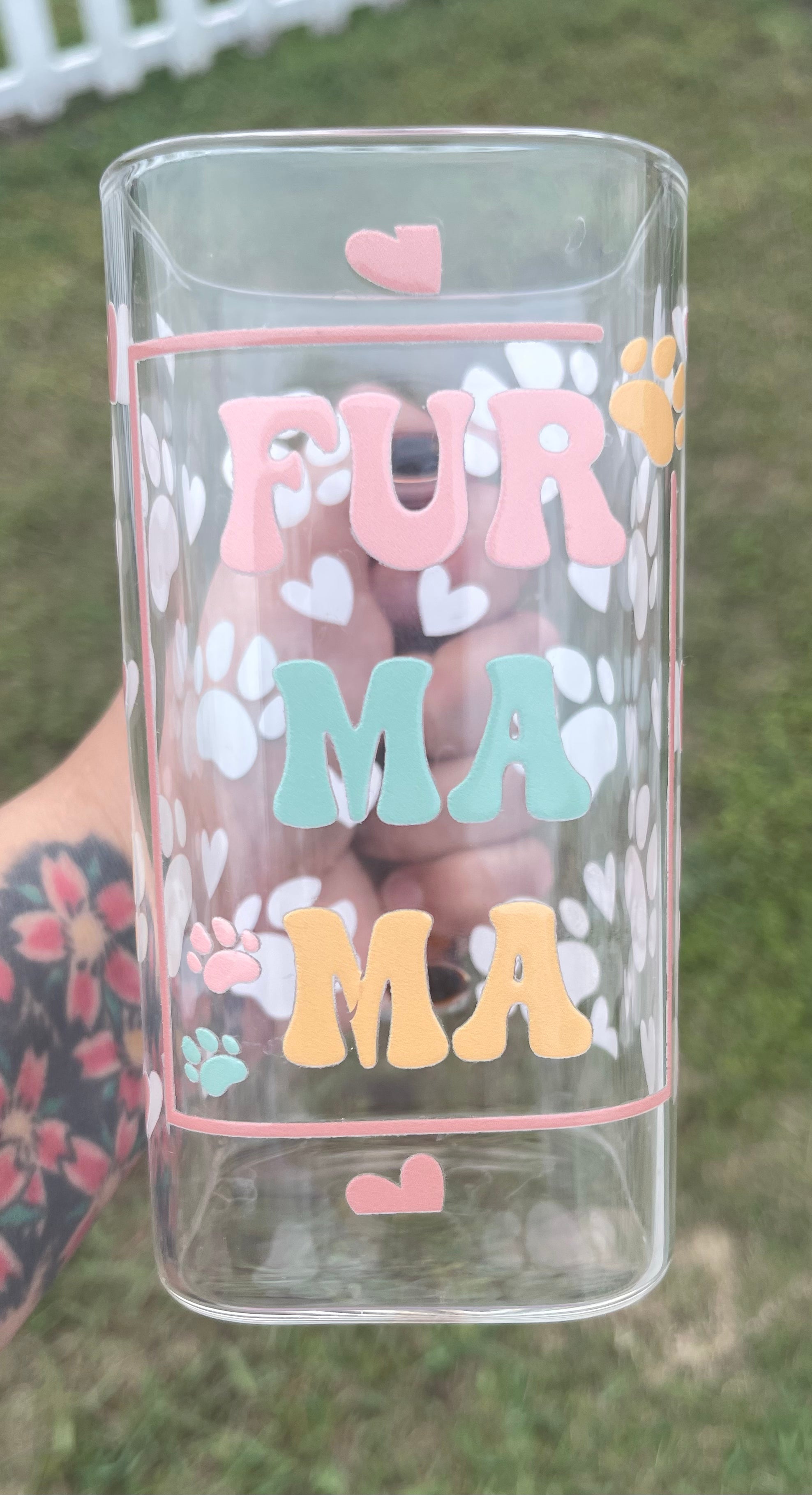 17oz Square Fur Mama Glass Cup with Lid/Straw UV DTF Design